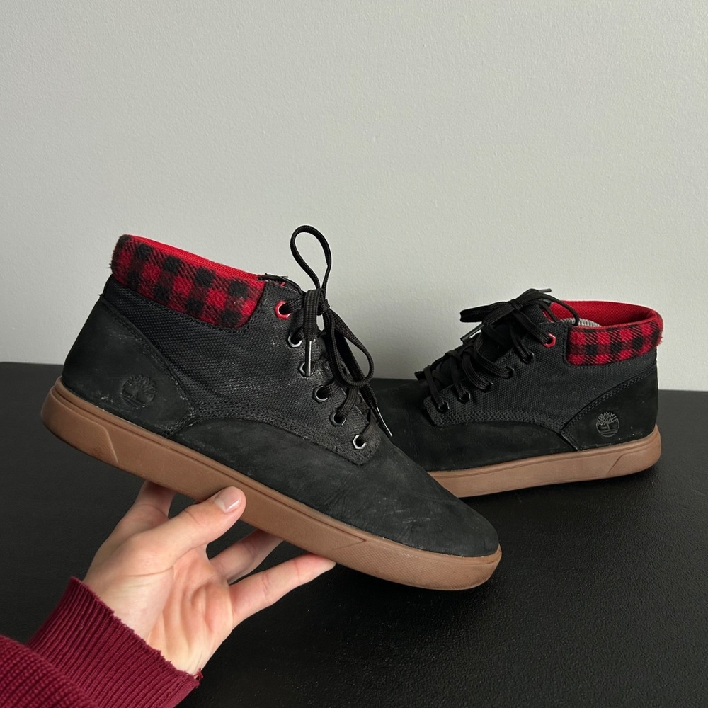 Timberland Davis Square Mid Sneakers Mens 9 Black Nubuck Red Plaid Boots A27Y7